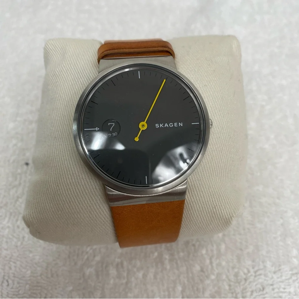 Skagen Men's Cognac Leather Ancher Gray Stainless Steel Adjustable Watch Classic